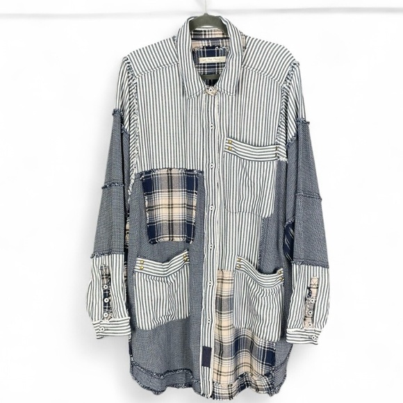 Free People Railroad Dreams Button Down Top Oversized Mid-Weight Plaid Patchwork - Picture 2 of 11